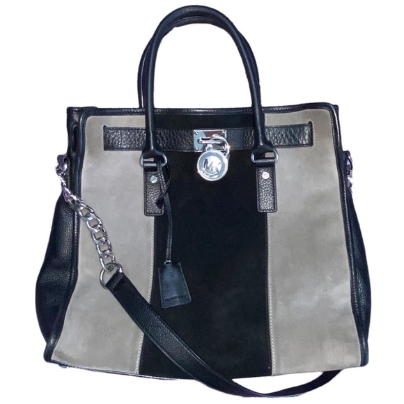 AUTH Michael Kors Large Hamilton Center Stripe Colorblock Suede Satchel Purse - Picture 2 of 13